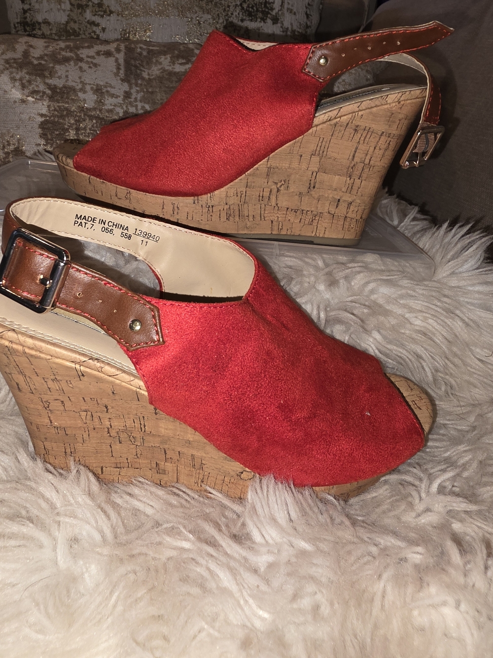 8.5w. American Eagle Outfitters Red Suede Cork Wedge Sandals with Brown Strap